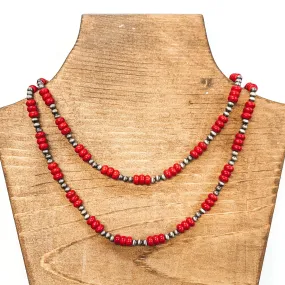 2 Strand Faux Navajo Pearl Necklace in Silver Tone with Red Beads