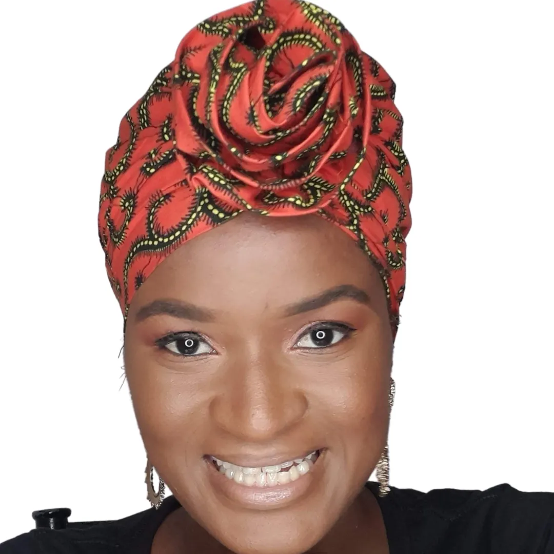 African Print Spiral Satin Orange Turban