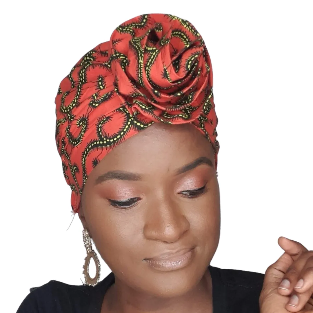 African Print Spiral Satin Orange Turban