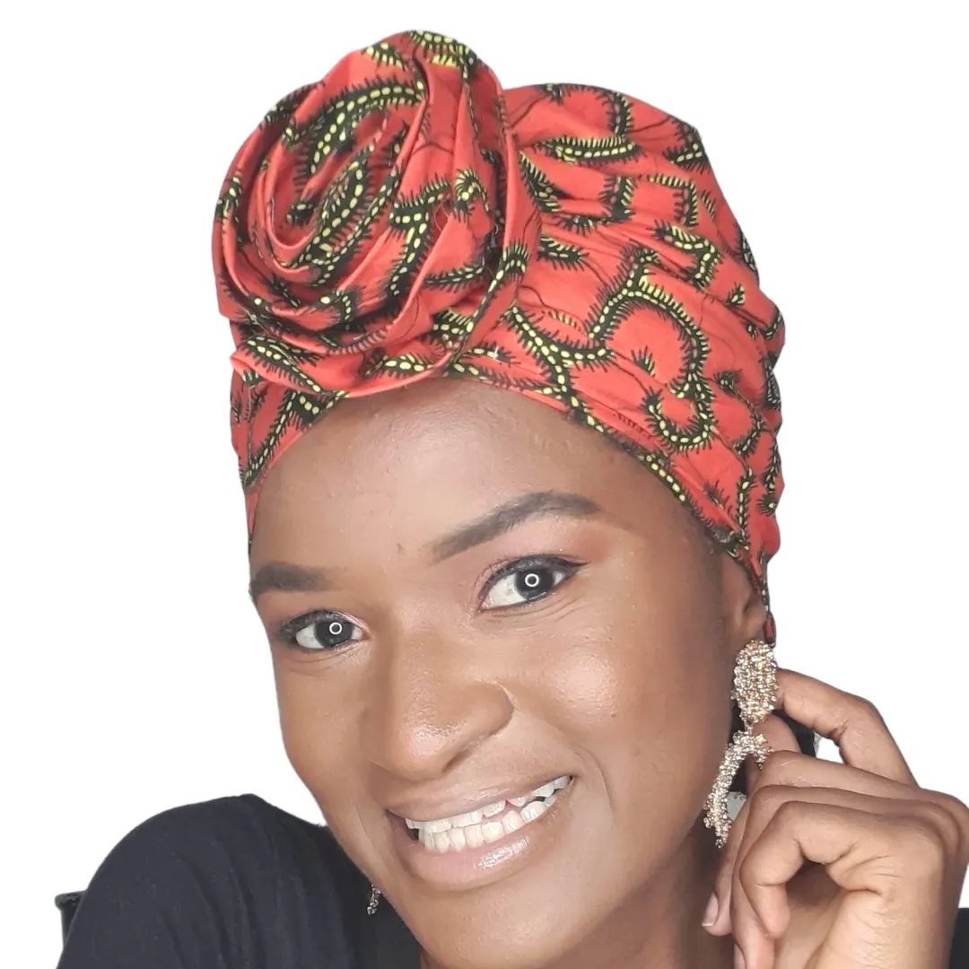 African Print Spiral Satin Orange Turban