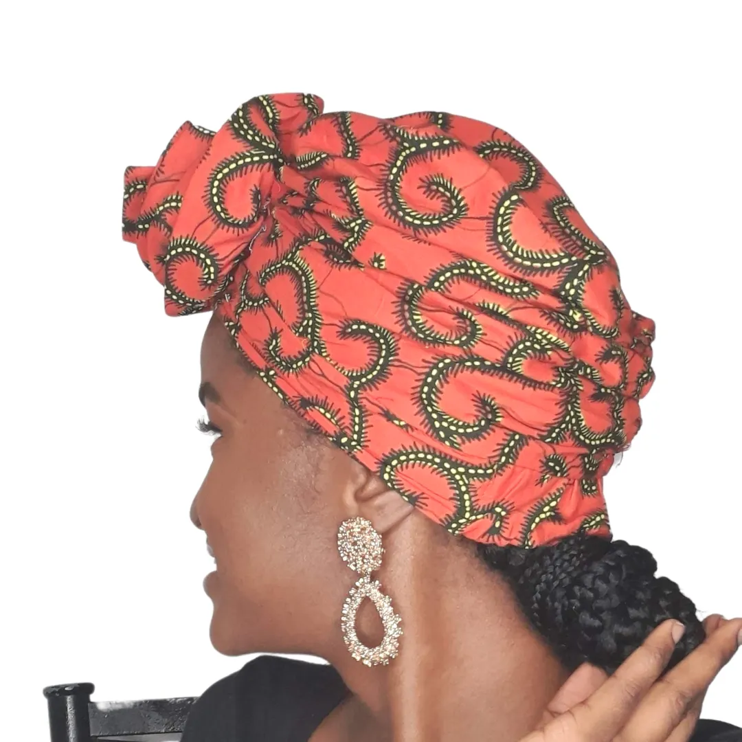 African Print Spiral Satin Orange Turban