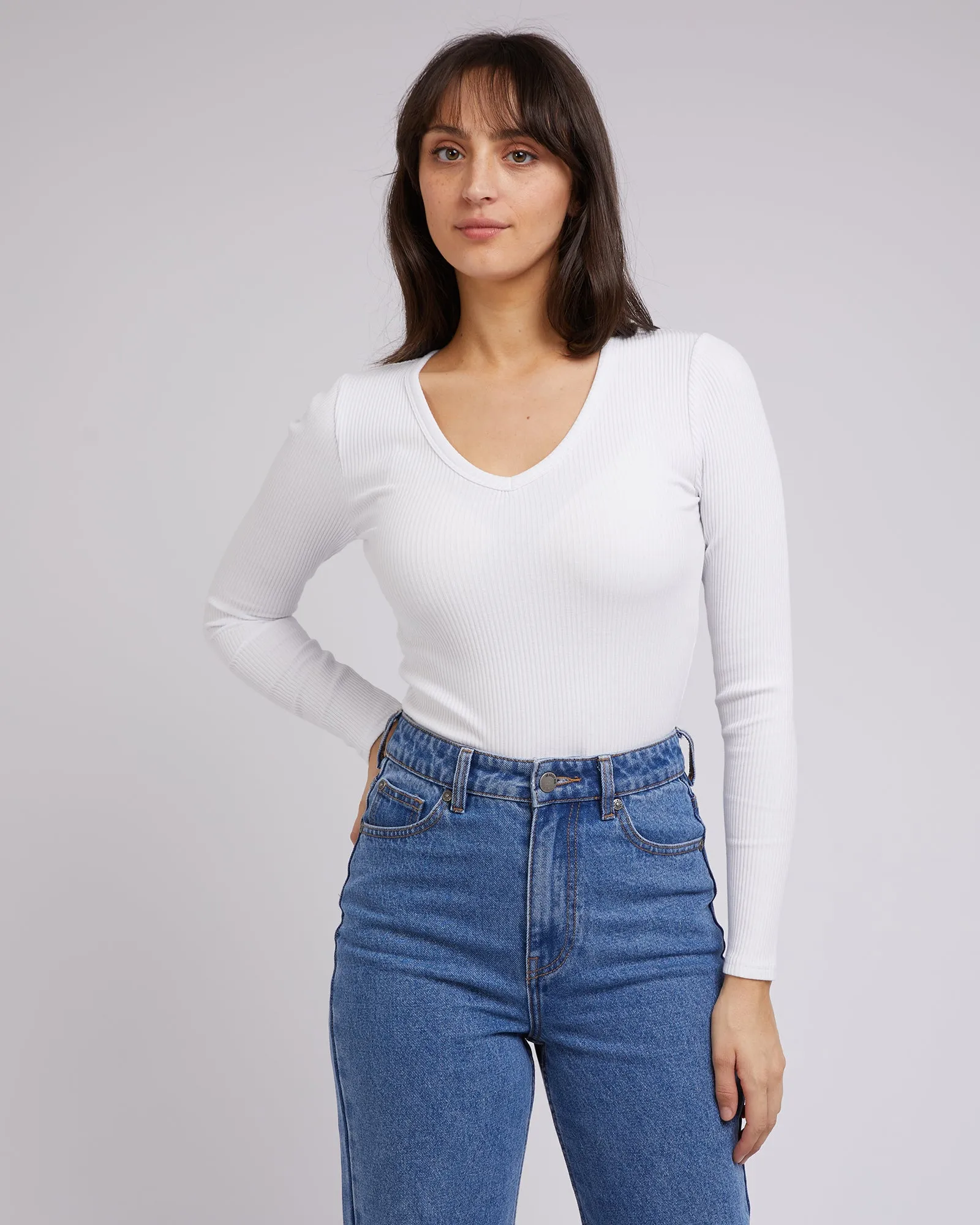 All About Eve Rib V Neck L/S Top White