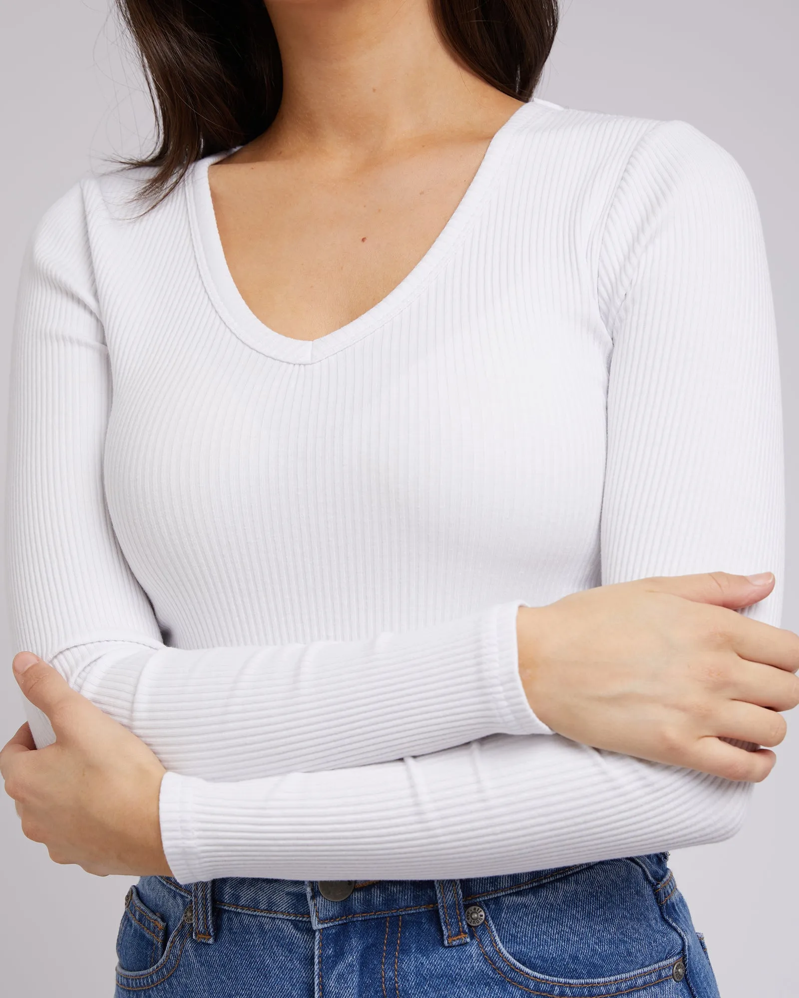 All About Eve Rib V Neck L/S Top White