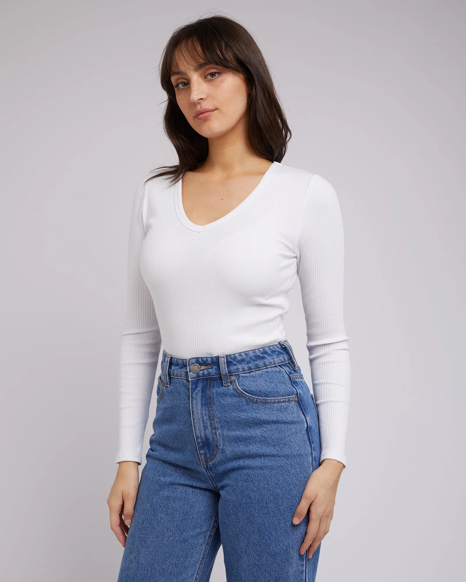 All About Eve Rib V Neck L/S Top White