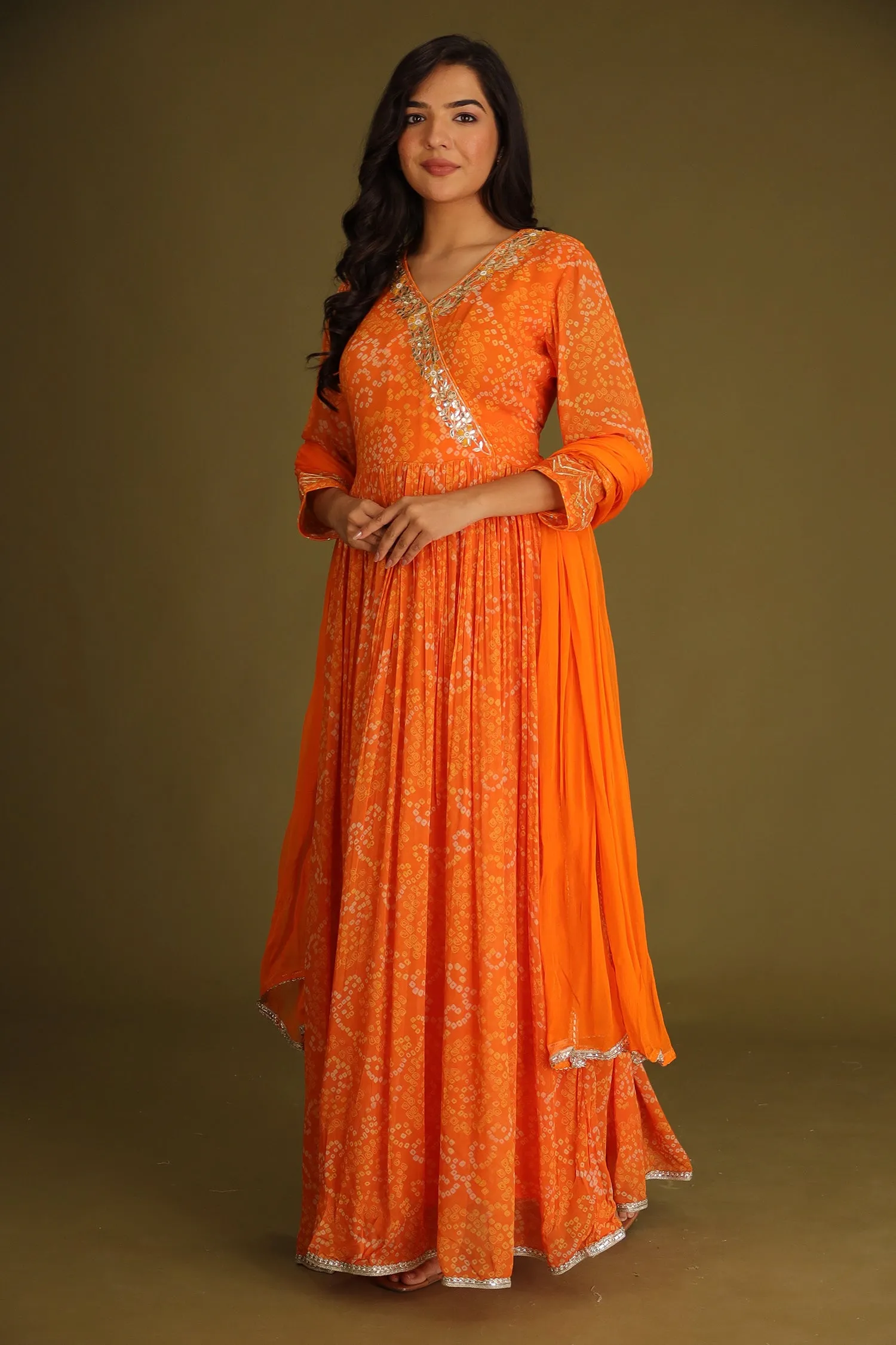 Bandhej Anarkali Georgette Suit with Gota Patti work.