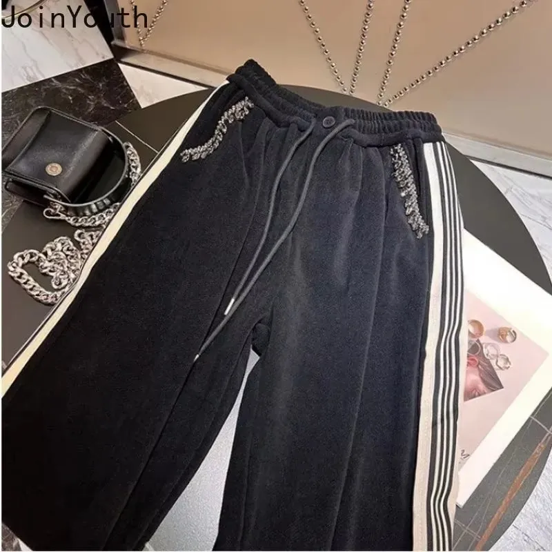 Casual Sweatpants Women 2023 New Bottoms High Waist Straight Trousers Diamond Y2K Wide Leg Pants Casual Fashion Pantalon Femme