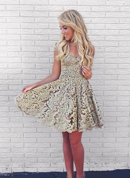 Cute gold lace v neck short prom dress, homecoming dress KS3279