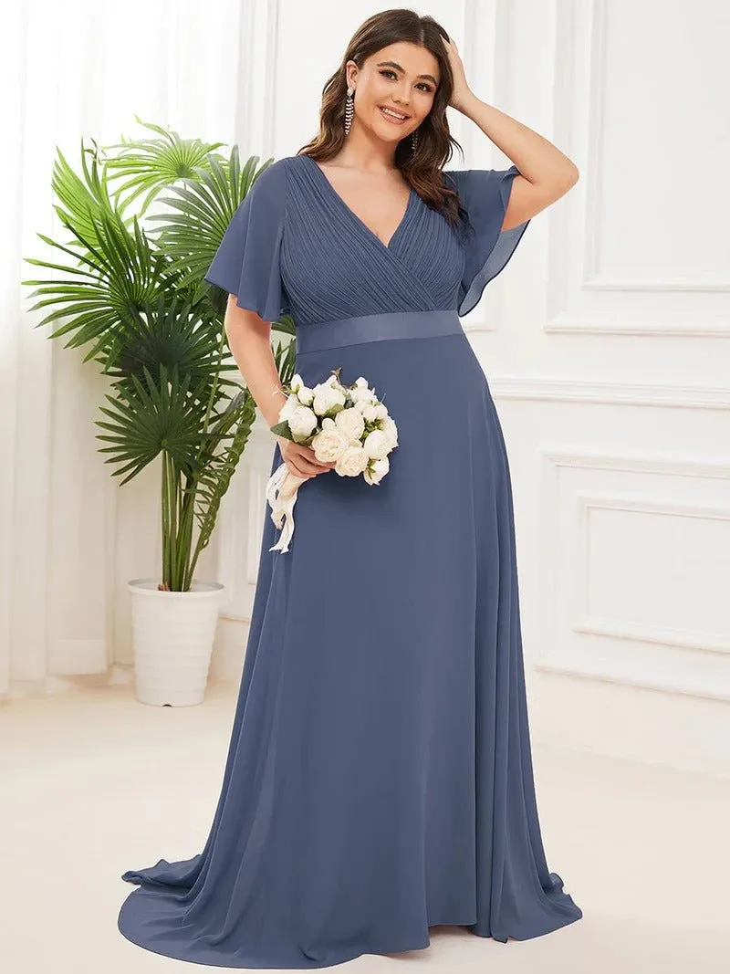 Glamorous Double V-Neck Ruffles Padded Plus Size Evening Dresses