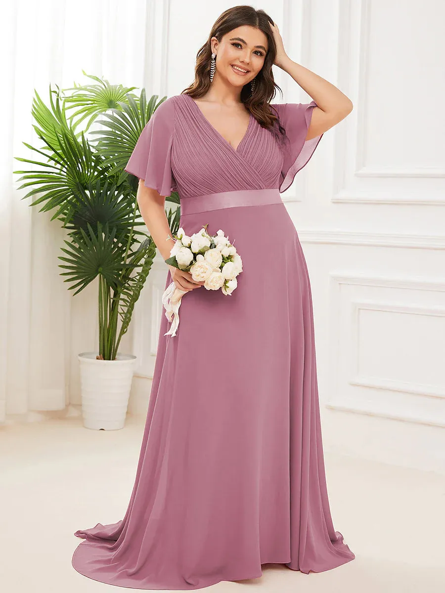 Glamorous Double V-Neck Ruffles Padded Plus Size Evening Dresses