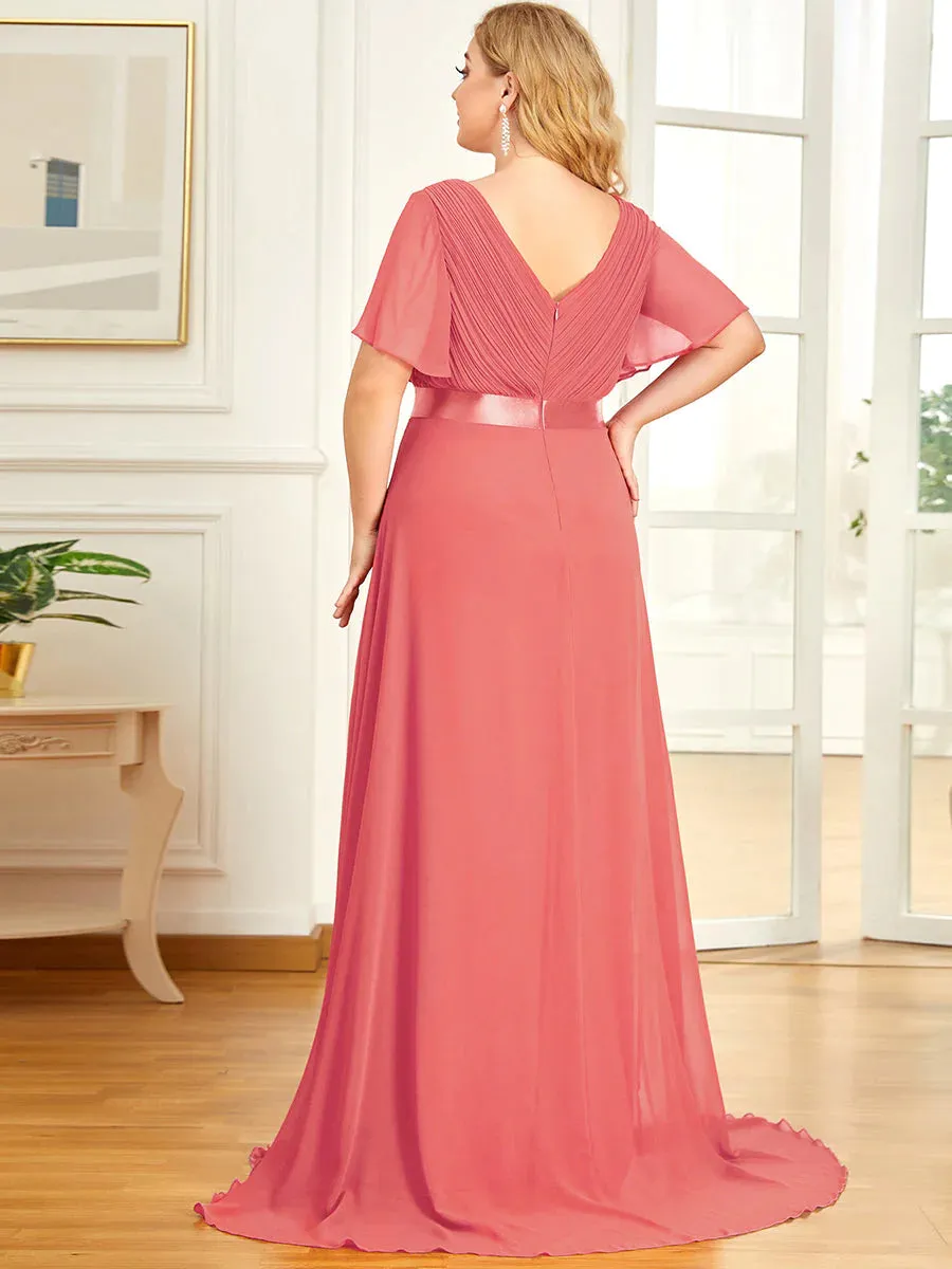 Glamorous Double V-Neck Ruffles Padded Plus Size Evening Dresses