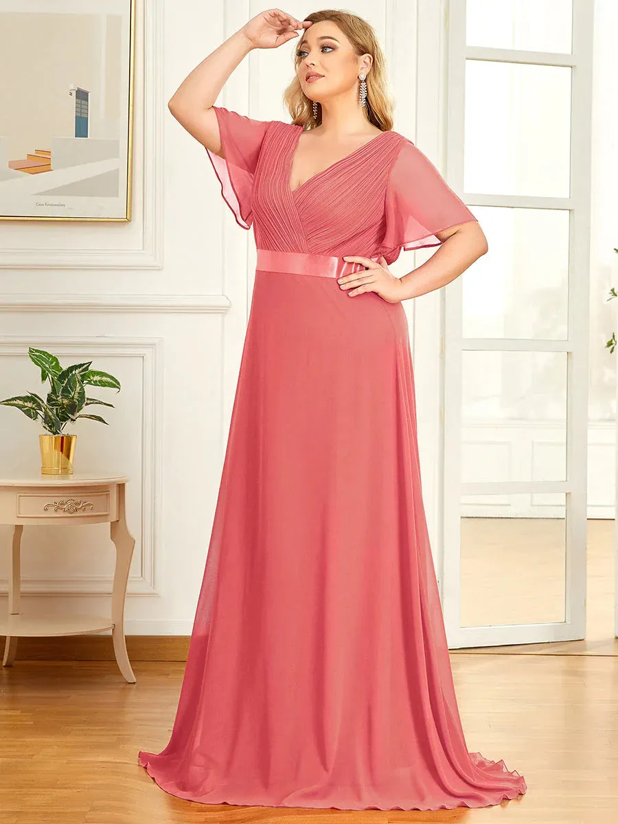 Glamorous Double V-Neck Ruffles Padded Plus Size Evening Dresses