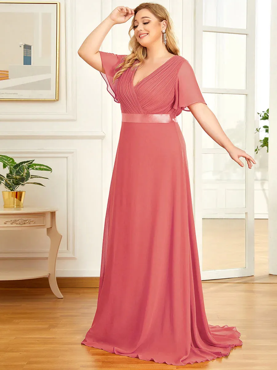 Glamorous Double V-Neck Ruffles Padded Plus Size Evening Dresses