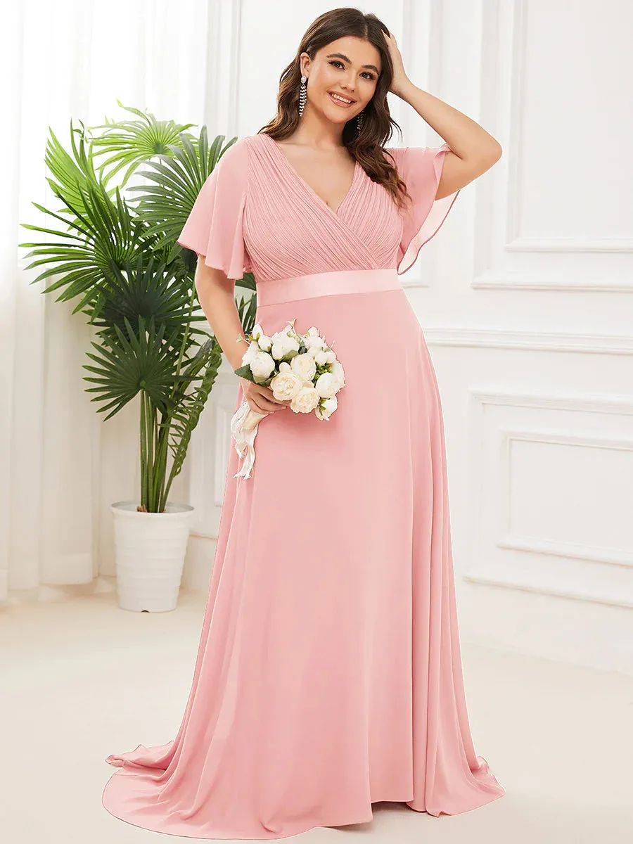 Glamorous Double V-Neck Ruffles Padded Plus Size Evening Dresses