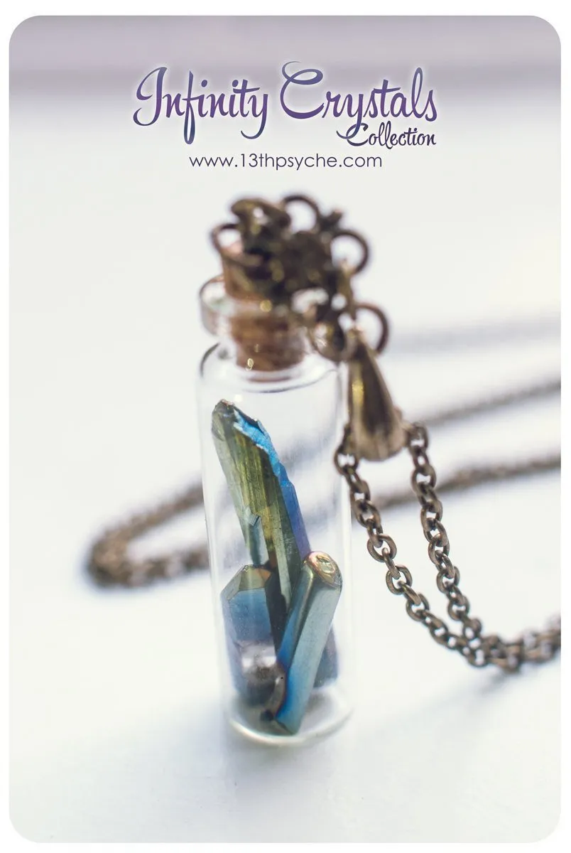 Glass vial pendant necklace with pointed crystal