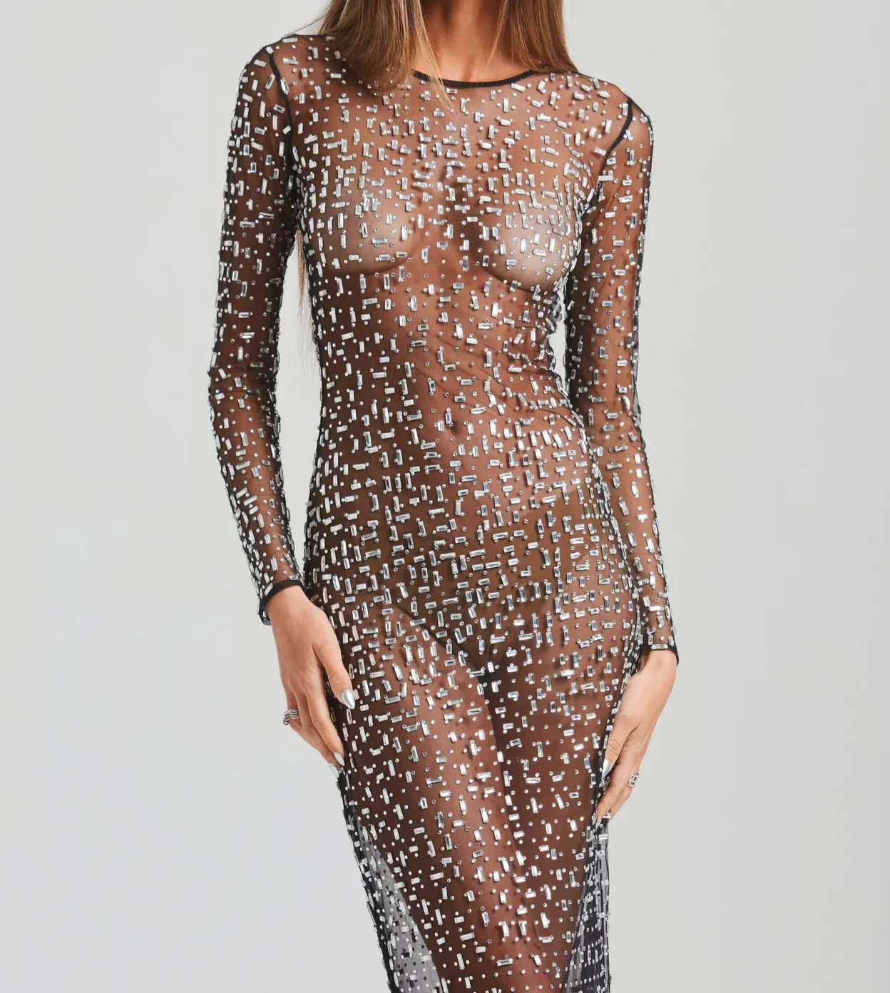 LIKIA Long Sleeve Crystals Transparent Maxi Dress