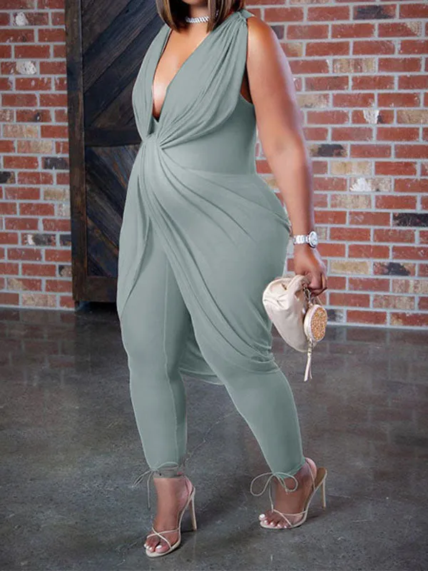 Momnfancy V-neck Sleeveless Draping Bodycon Plus Size Maternity Jumpsuit