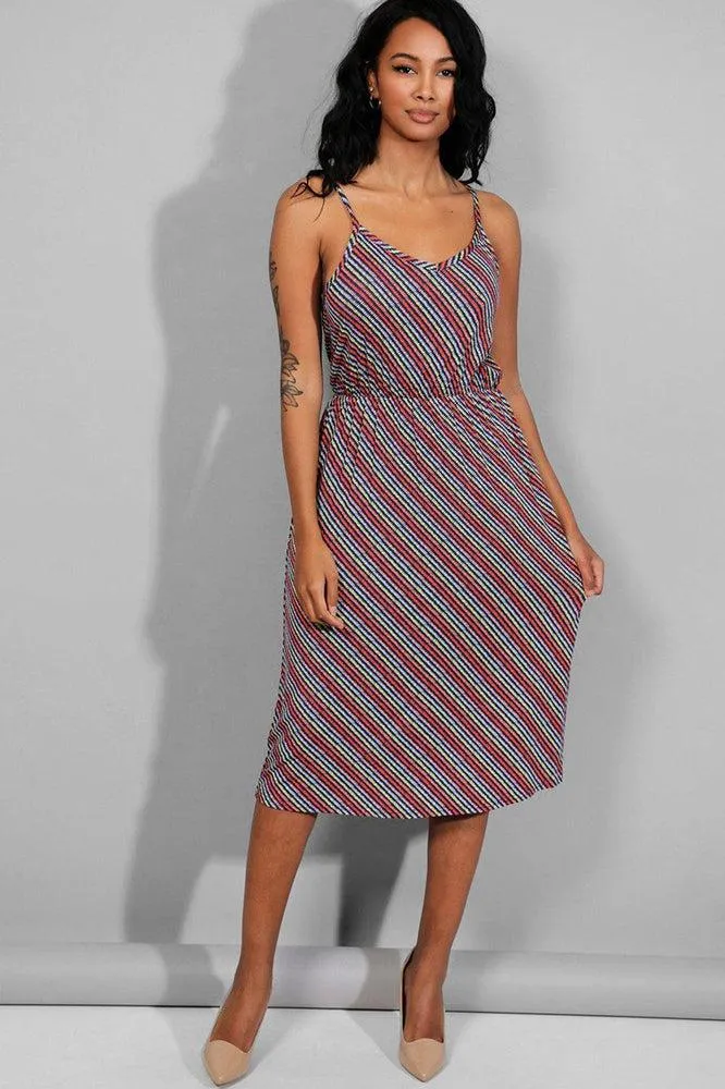 Multicolour Stripe Tie Up Straps Mid Dress