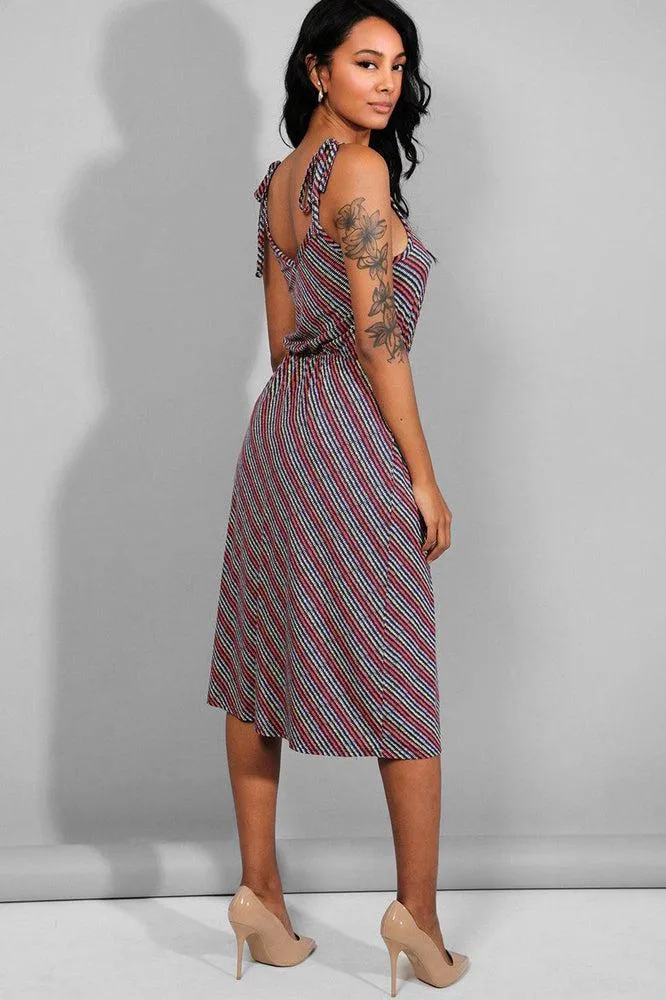 Multicolour Stripe Tie Up Straps Mid Dress