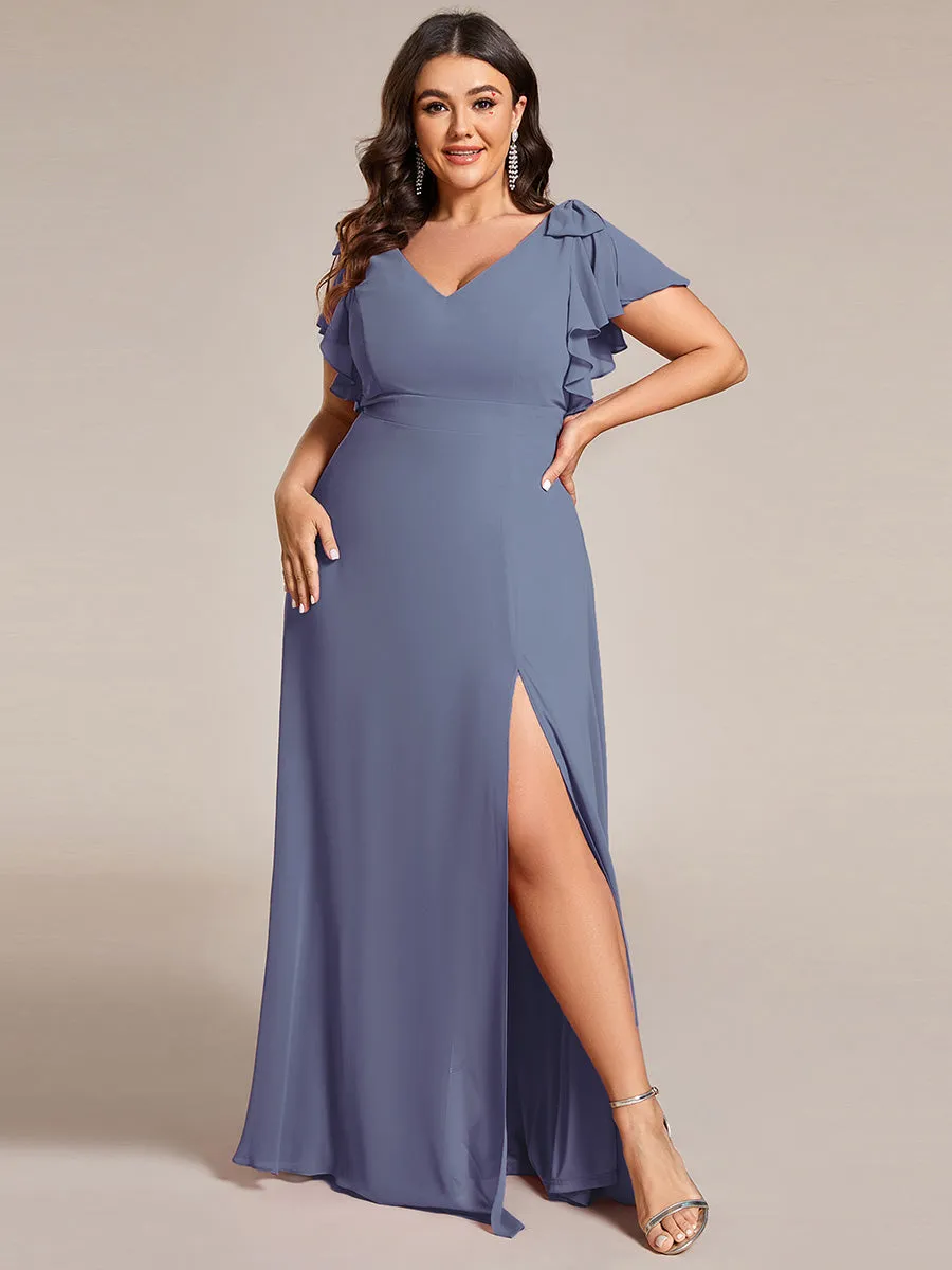 Plus Split Ruffles Sleeves with Bowknot V-neck Chiffon Bridesmaid Dress