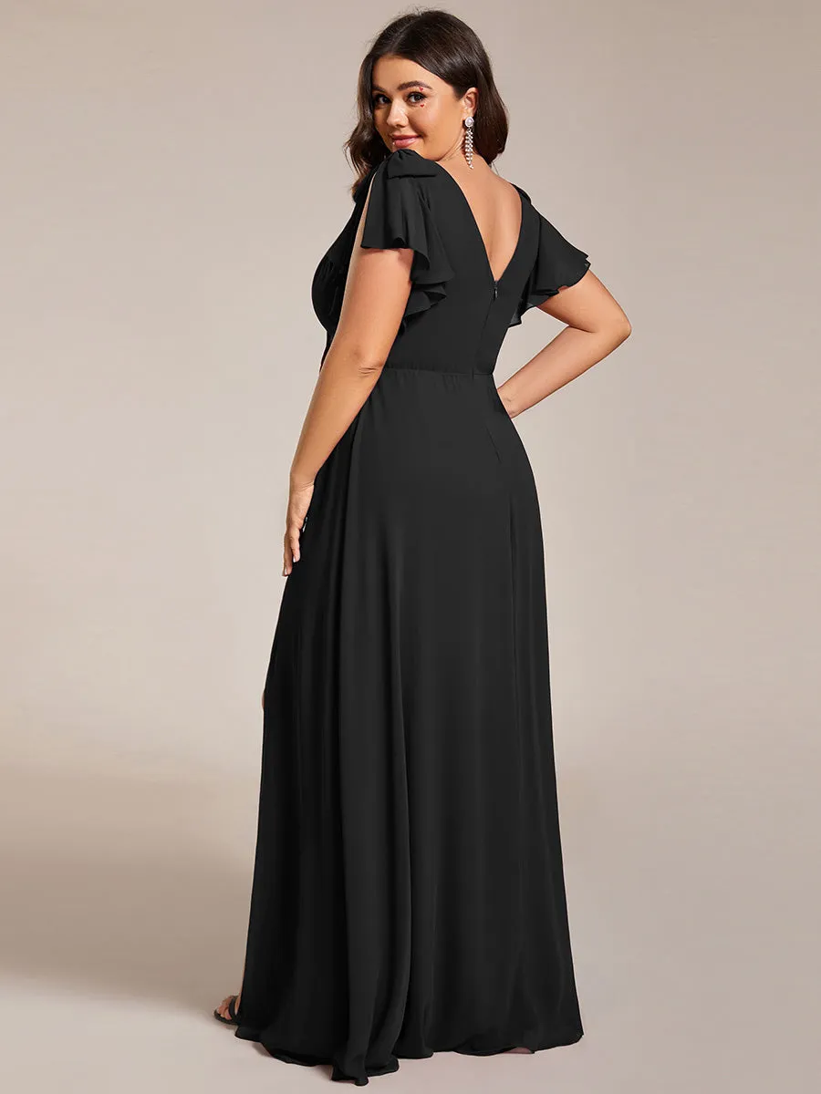 Plus Split Ruffles Sleeves with Bowknot V-neck Chiffon Bridesmaid Dress