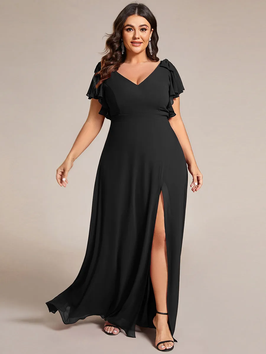 Plus Split Ruffles Sleeves with Bowknot V-neck Chiffon Bridesmaid Dress