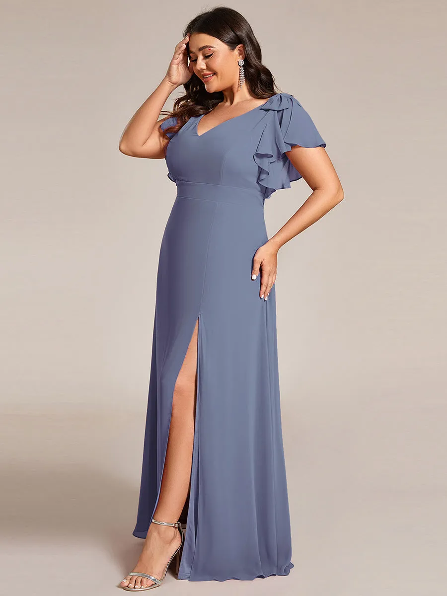 Plus Split Ruffles Sleeves with Bowknot V-neck Chiffon Bridesmaid Dress