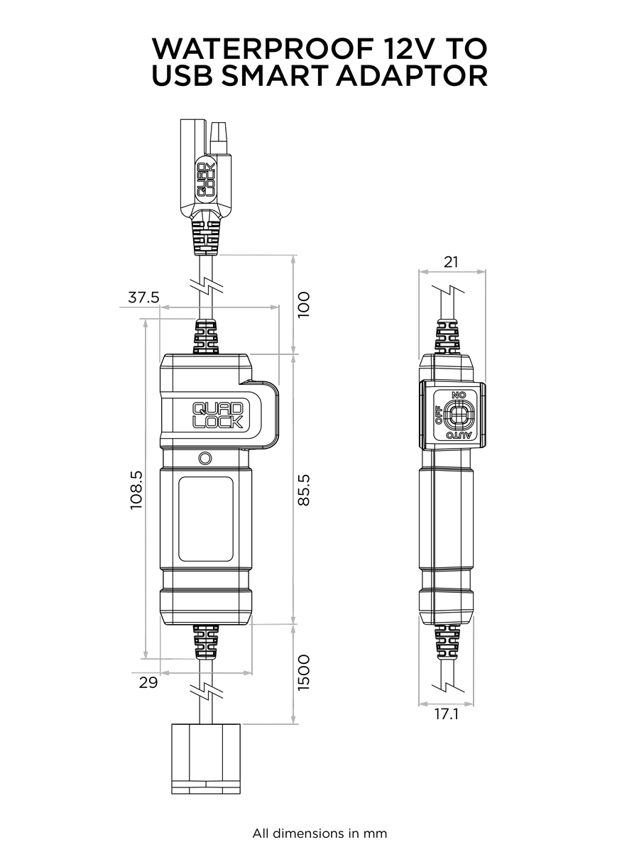 Quad Lock - Motorcycle - Waterproof 12V To USB Smart Adaptor