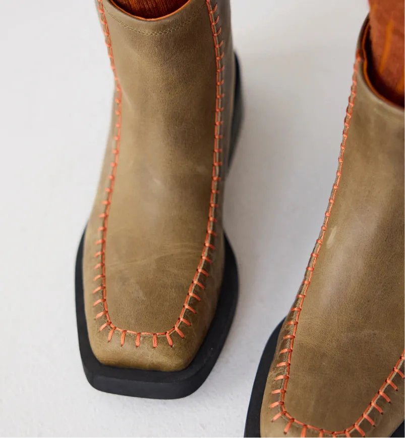 Rocket Square Toe Boots with Topstitch Detail | Burnt Sage