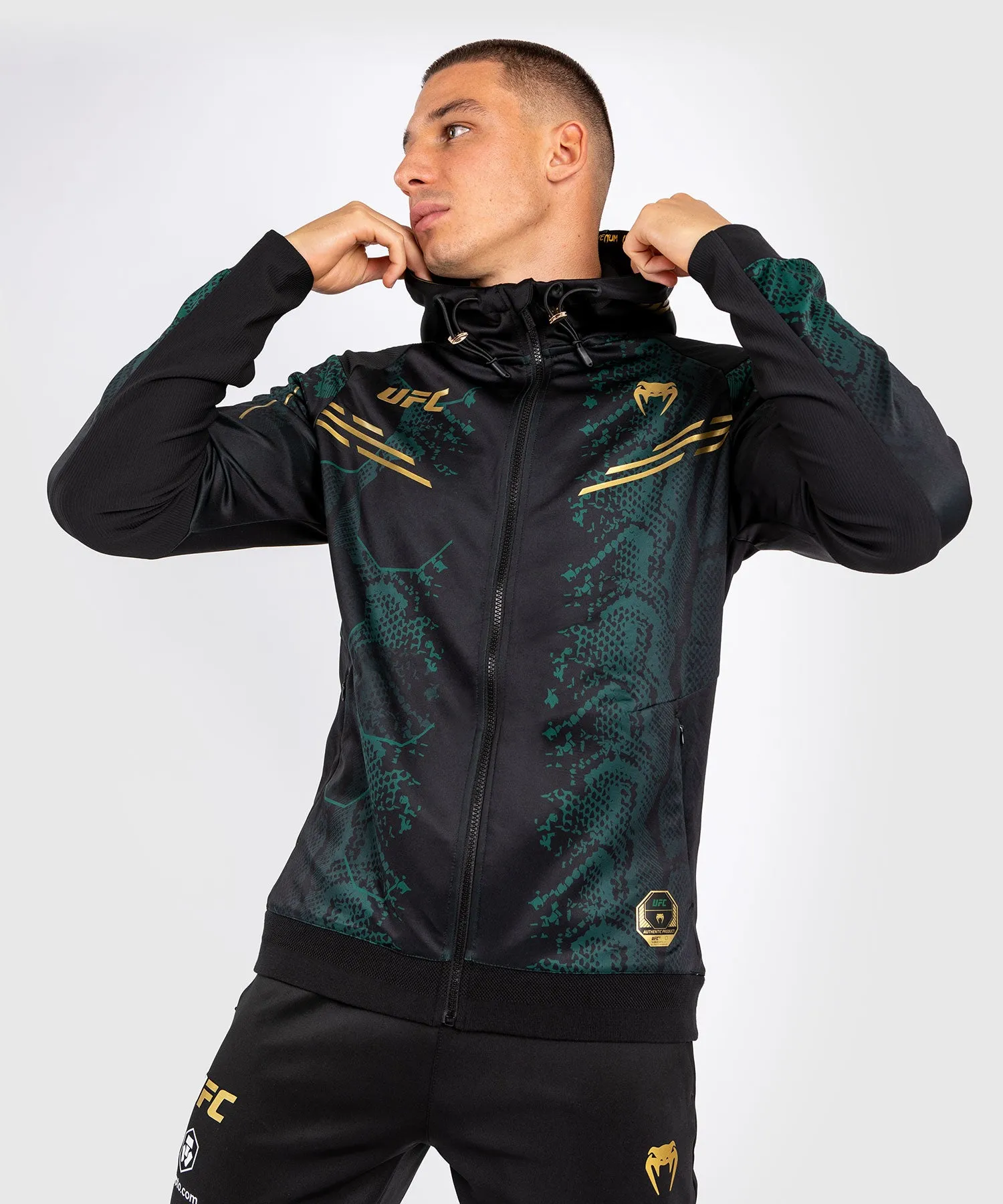 UFC Adrenaline by Venum Authentic Fight Night Men’s Walkout Hoodie - Emerald Edition - Green/Black/Gold